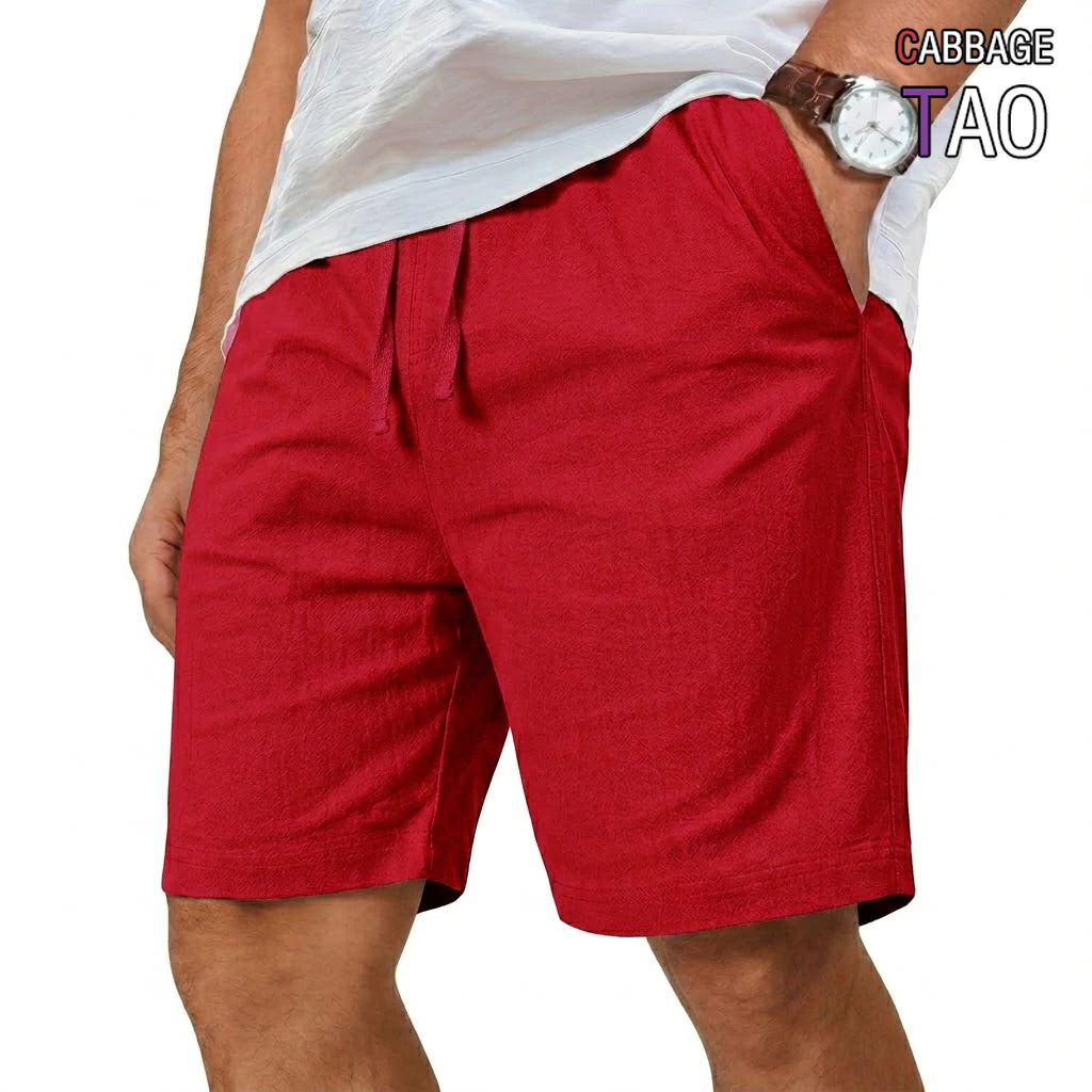 Short Linen Drawstring - شورت قطني كتان فضفاض كبير الحجم،